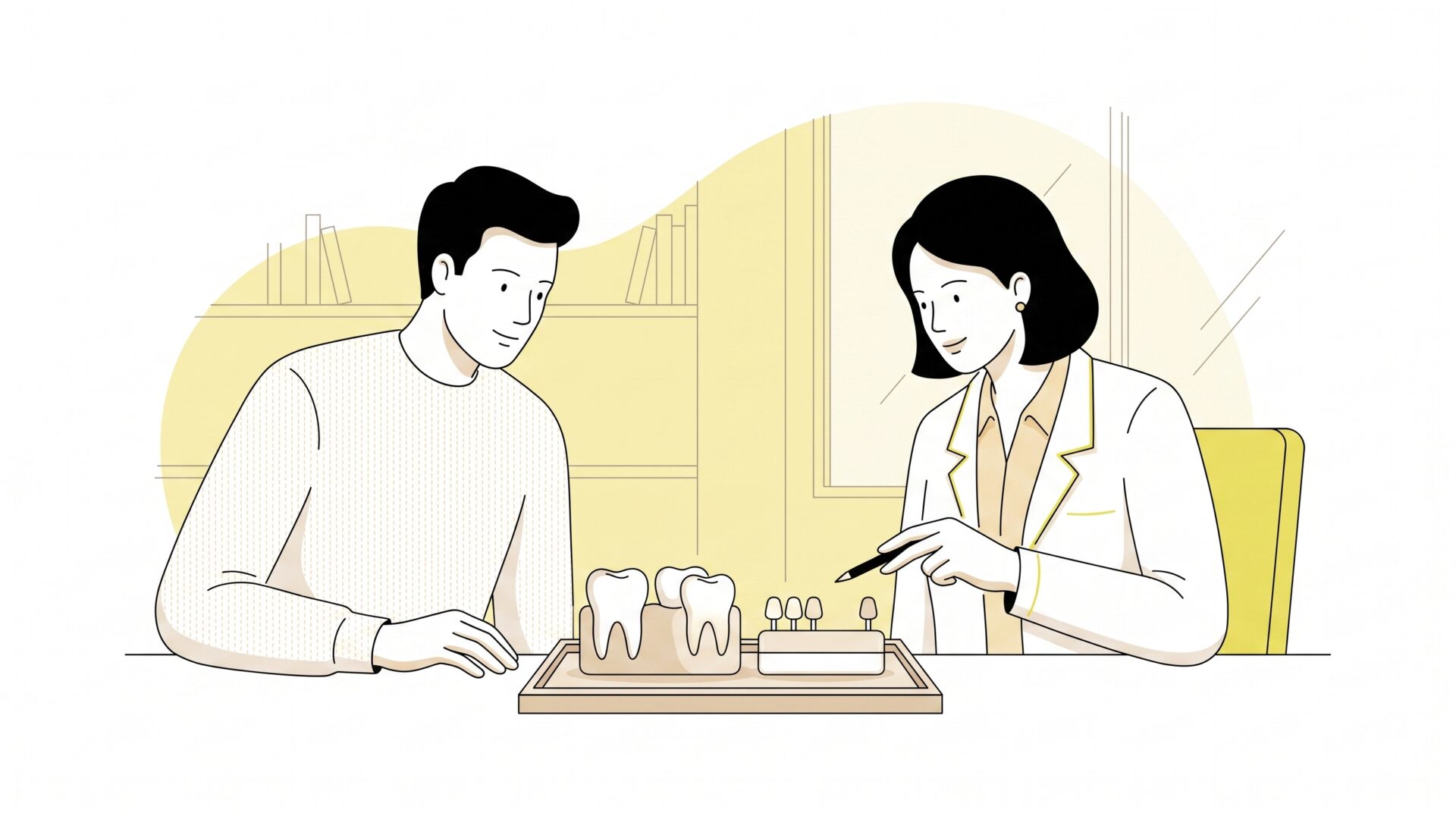 A calm adult patient and dentist sit beside simple tooth forms and abstract card shapes, suggesting private dental cover and out-of-pocket costs.