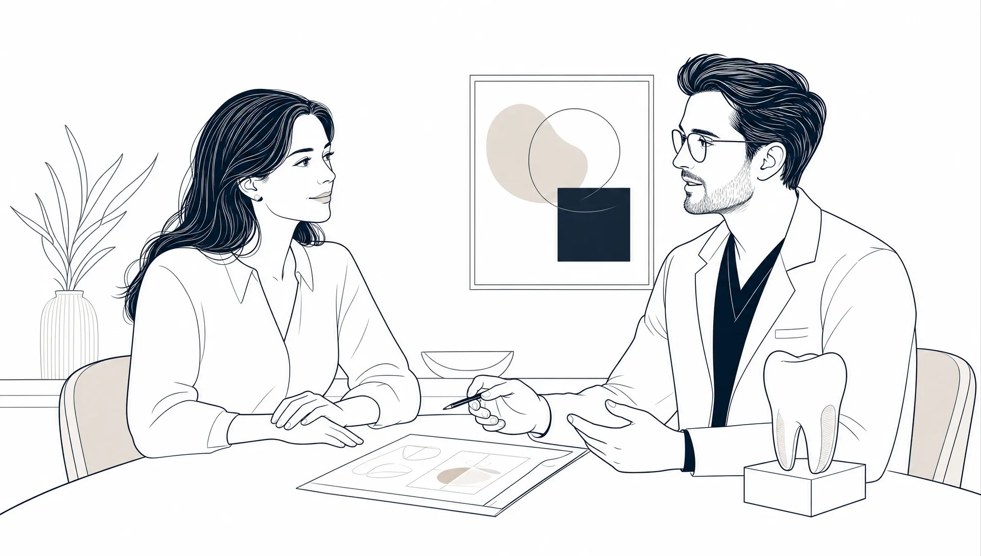 A calm adult patient speaking with a dentist in a refined consultation, with a simplified tooth form nearby and restrained planning shapes, shown as a premium editorial vector illustration with generous white space and fine near-black linework.