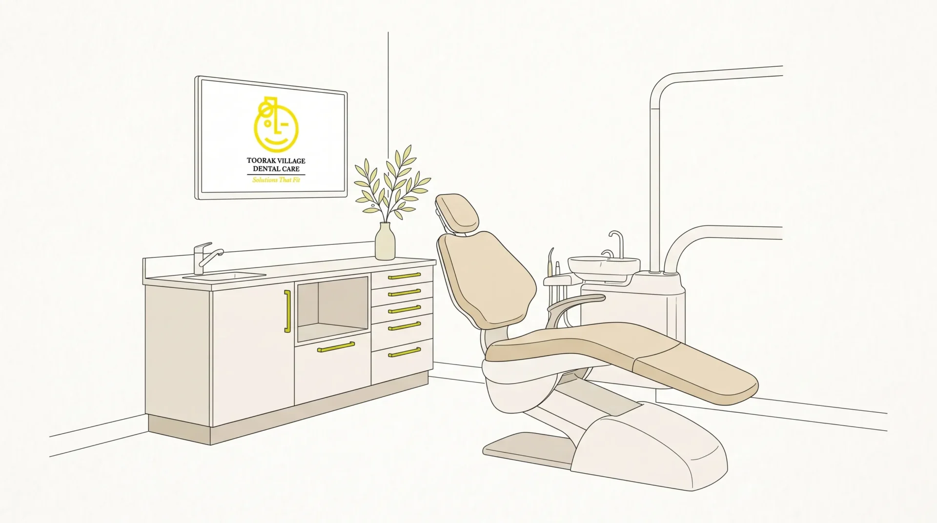 A calm dental consultation room for cosmetic dentistry planning, with a chair, side cabinet and blank wall monitor.