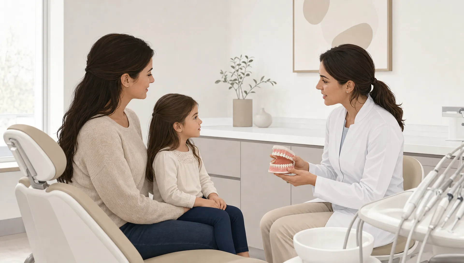 A calm paediatric dental care consultation with a parent and small child beside a dentist in a simplified modern dental room, shown with generous white space and a neutral, reassuring mood.