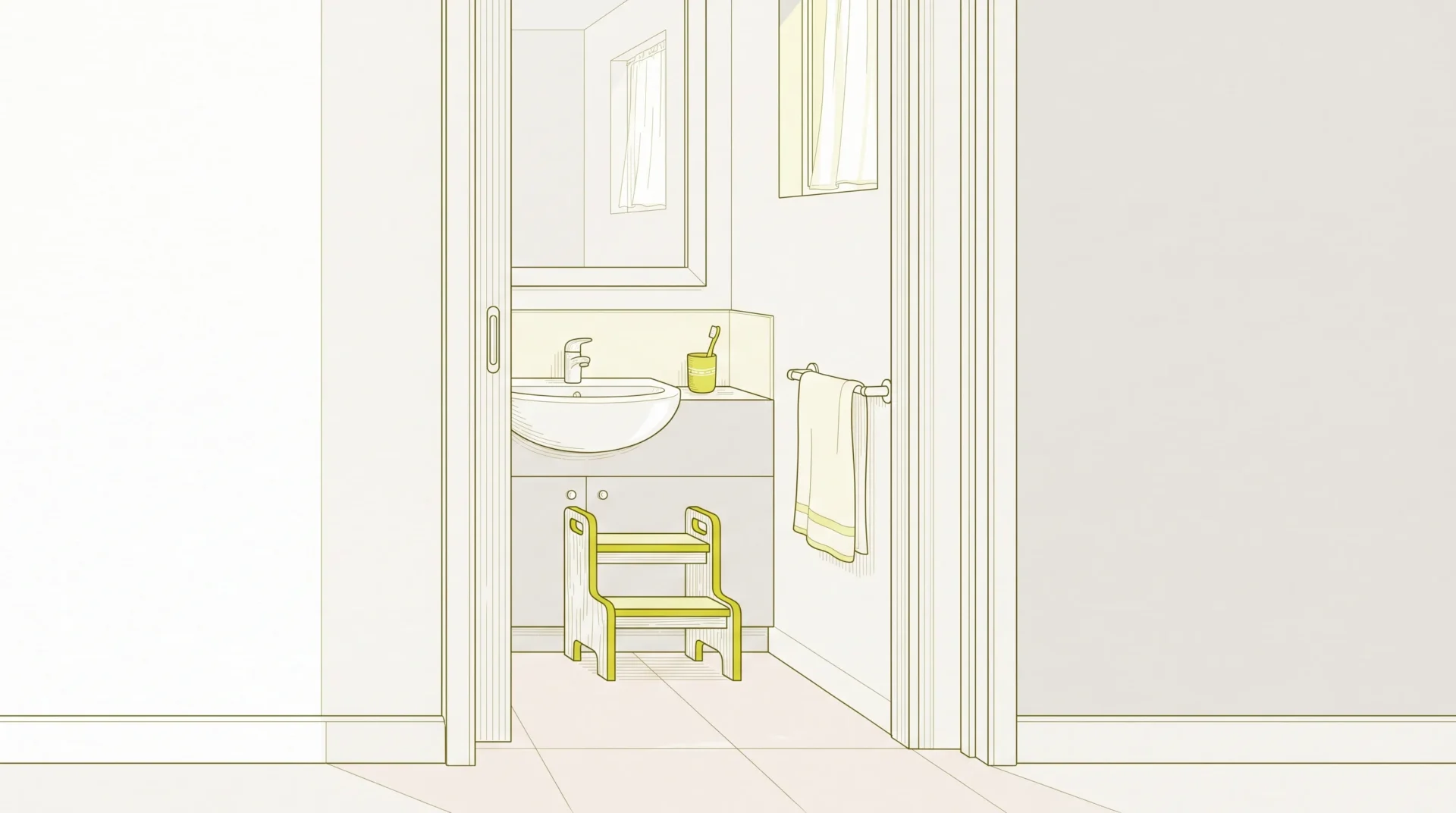 A child’s step stool and toothbrush cup beside a family bathroom basin show the home setting for a regular dental care routine.