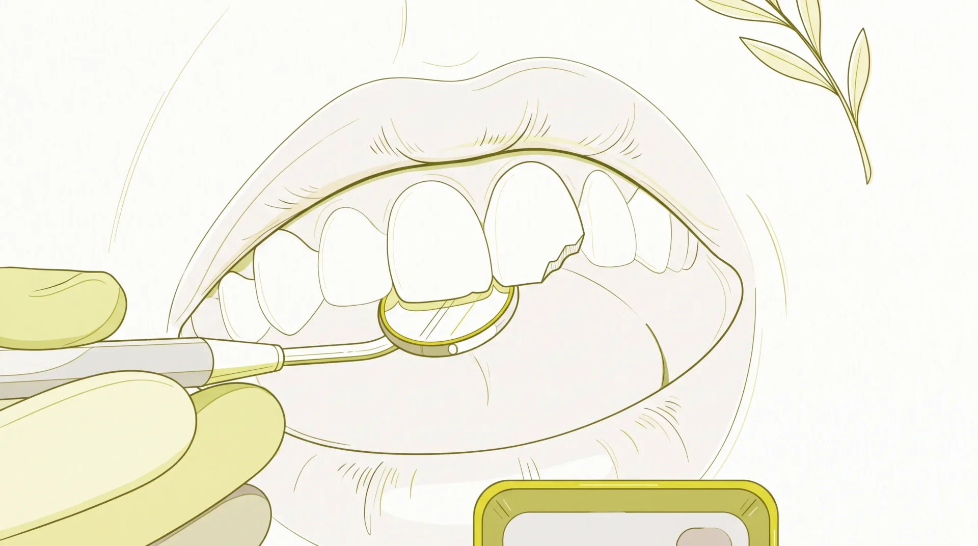A chipped upper tooth and gumline are shown close up during an urgent dental check.