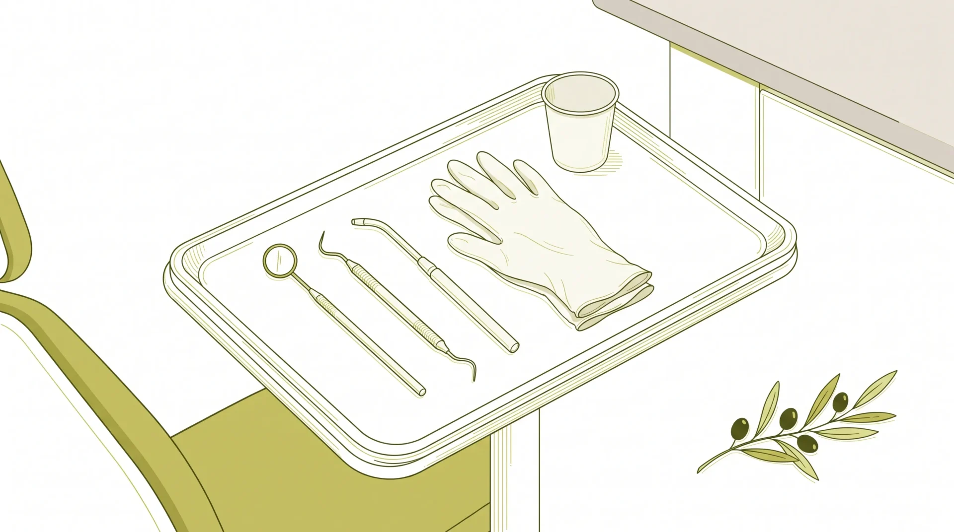A clinical tray holds a mirror, probe, suction tip and folded gloves beside a treatment chair.