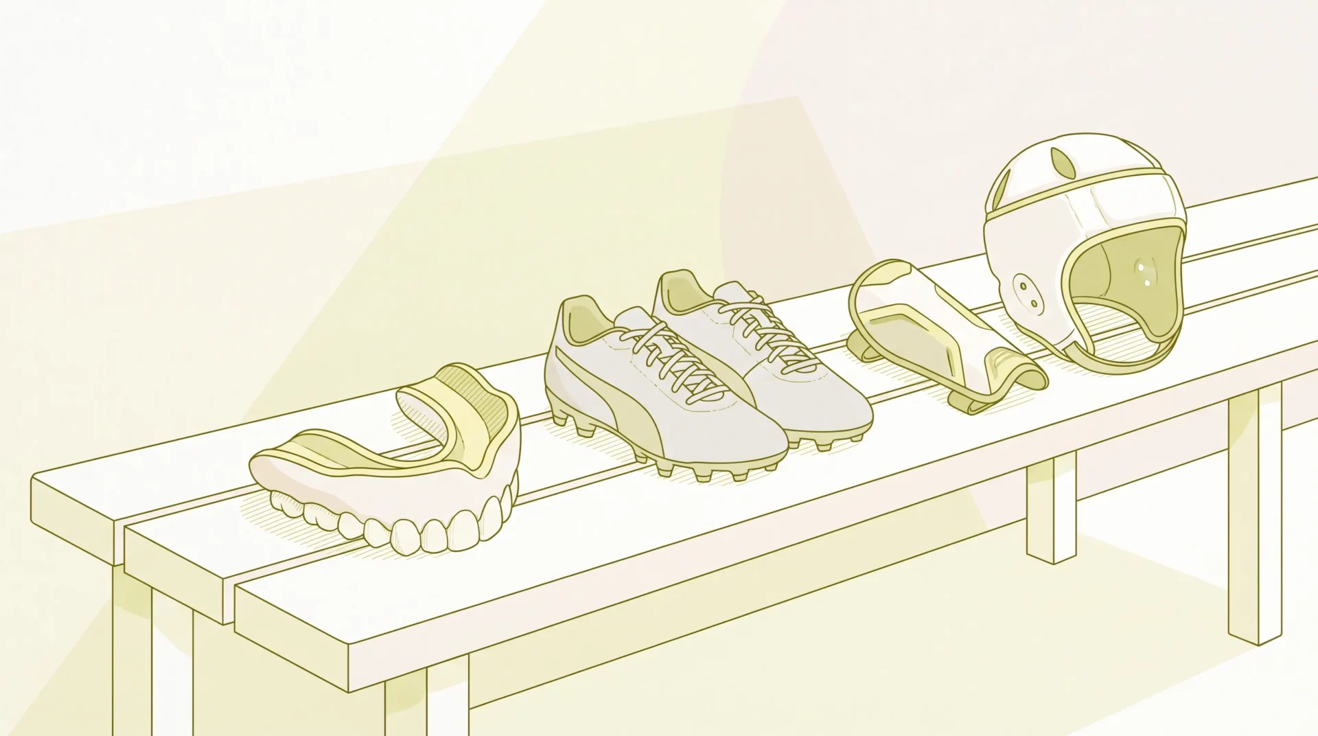 A custom sports mouthguard sits beside football boots and a helmet, illustrating protection for contact sport in Toorak.