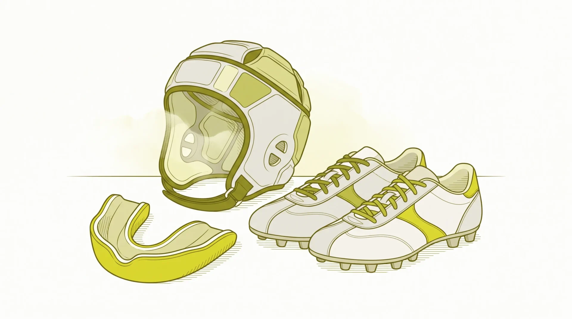 A custom sports mouthguard sits beside football boots and a helmet, illustrating protection for contact sport in Toorak.