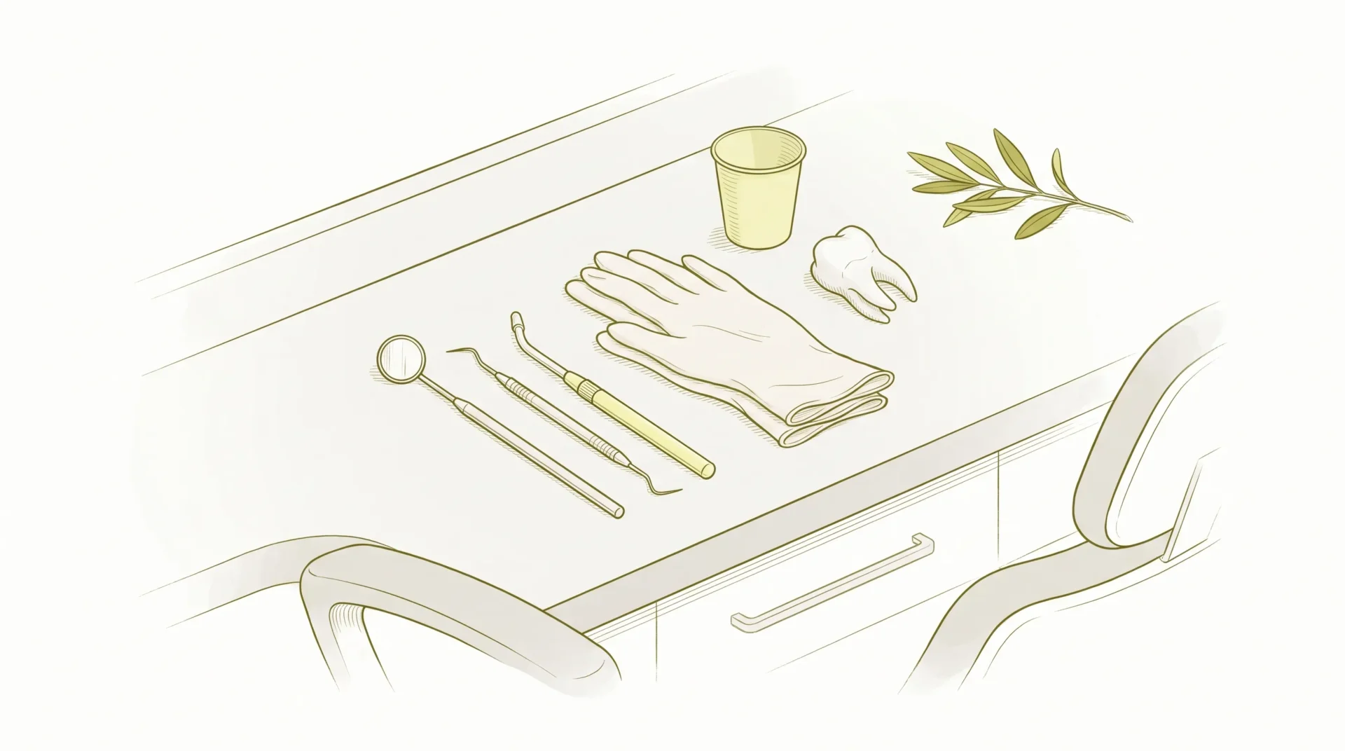 A dental mirror, probe and tooth model rest on a treatment counter before a family dental appointment.