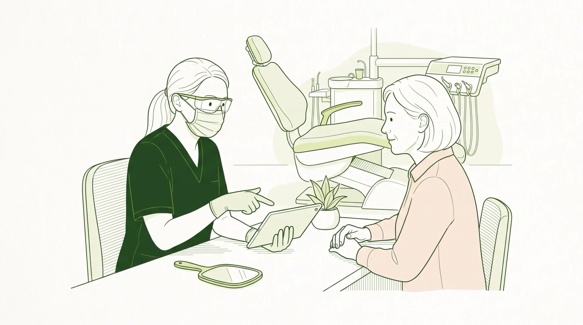 A dental professional discusses ongoing care with an adult patient in a calm clinic room, with gloves, mask and protective eyewear visible.