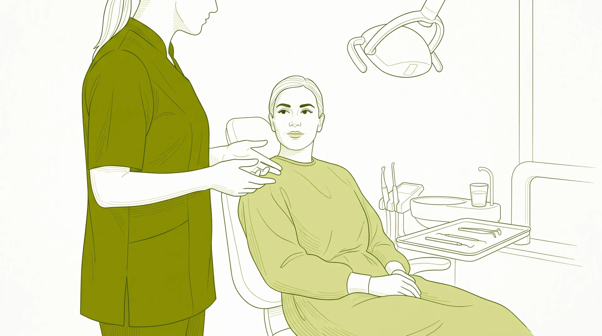 A dental professional in a clinical tunic discusses a routine teeth cleaning with an adult patient seated in a dental surgery.