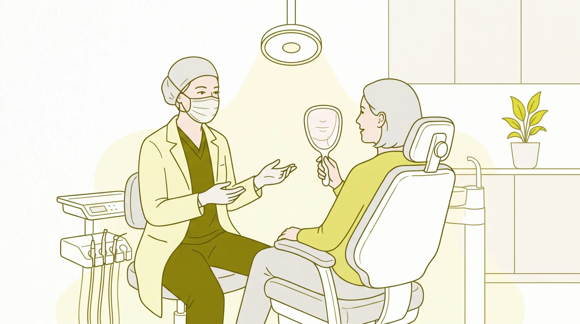 A dental professional in clinical attire speaks calmly with a seated adult patient beside a small mirror in a clean treatment room.
