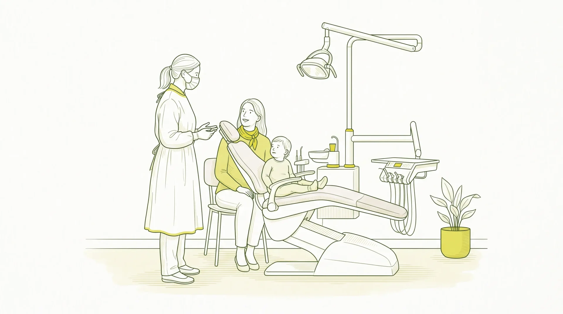A dental professional in clinical attire speaks with a parent and child beside a dental chair during a family clinic visit.
