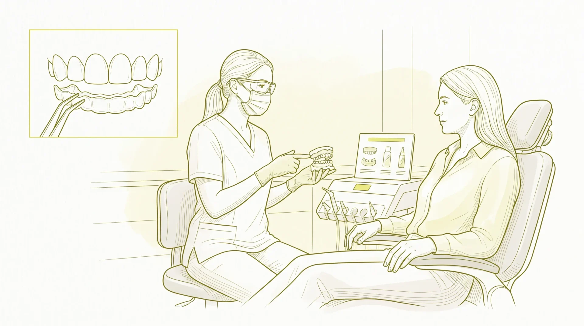 A dental professional in gloves, mask and protective eyewear discussing teeth whitening options with an adult patient in a modern clinic, with a small inset of upper front teeth and a custom whitening tray.