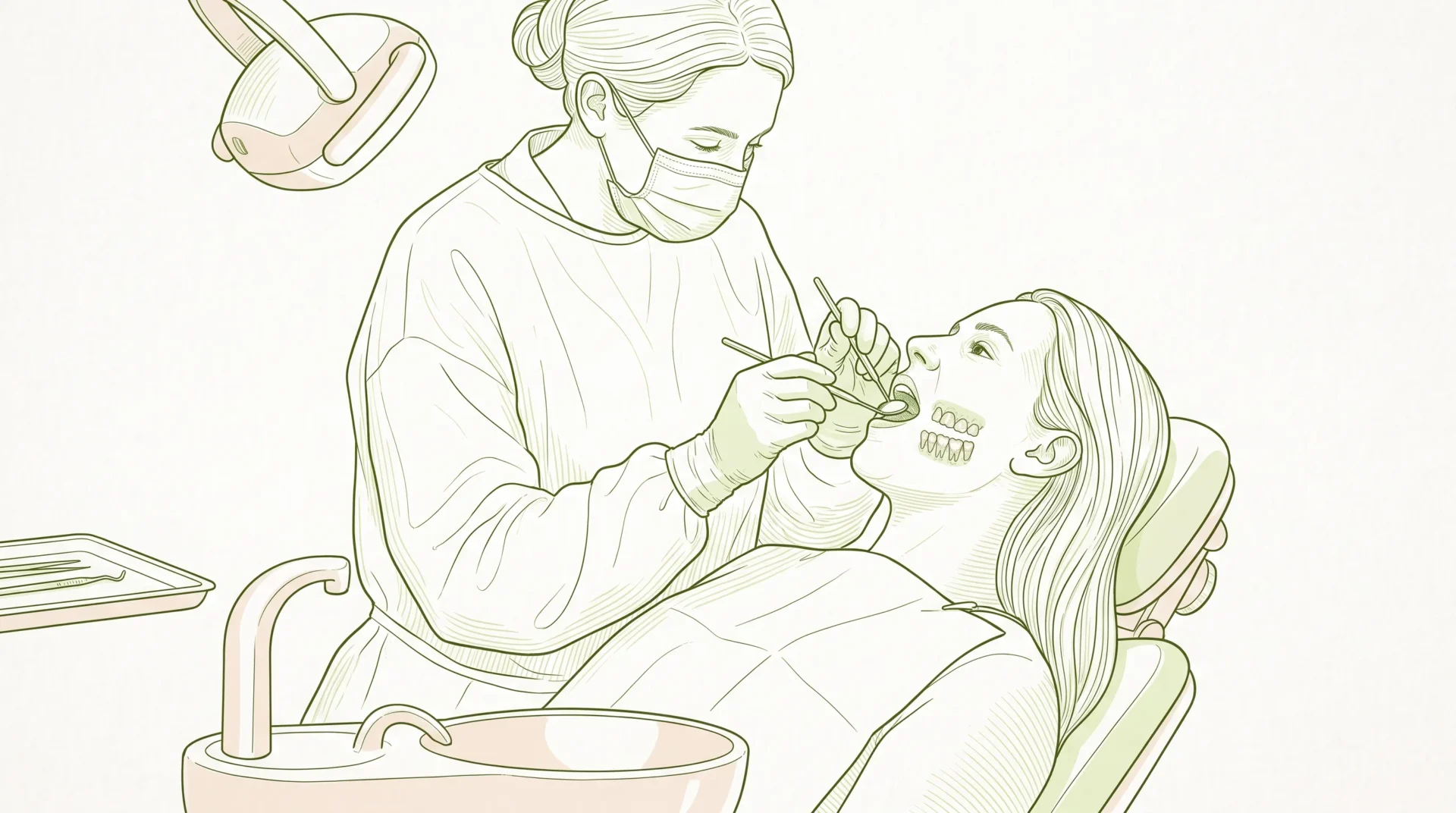 A dental professional in PPE gently examines an adult patient during a check-up, with a mirror and natural teeth visible in the mouth.