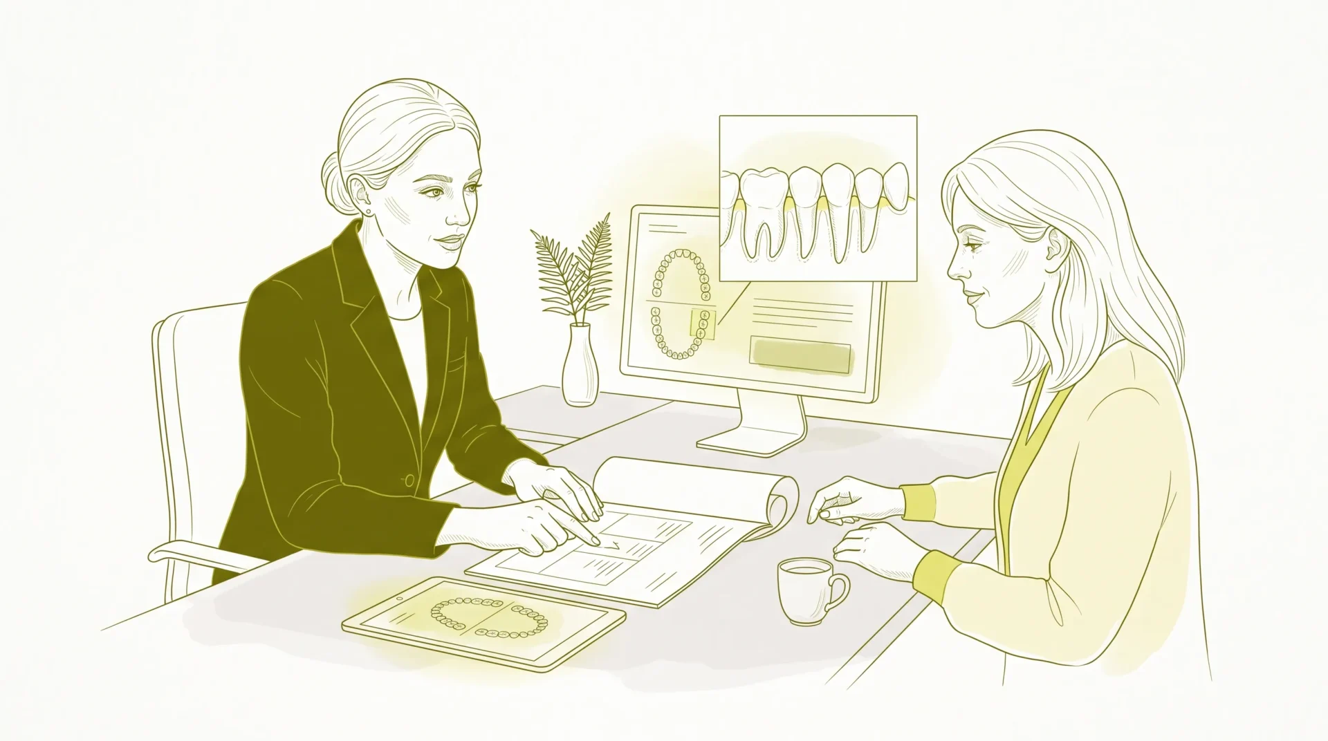 A dental professional reviews cosmetic dentistry planning records with an adult patient at a consultation desk, with a small inset showing natural teeth.