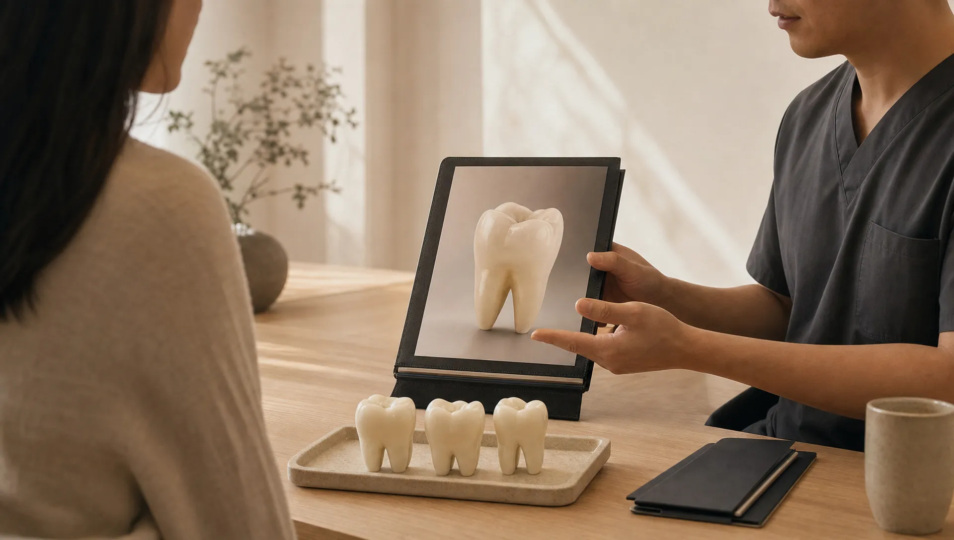 A dental quote sits beside ivory tooth forms and a calm consultation silhouette, showing treatment pricing and planning.