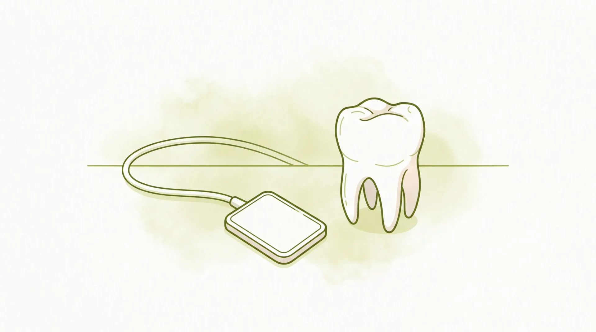 A dental X-ray sensor beside a tooth model on a clean treatment counter in a consultation room.