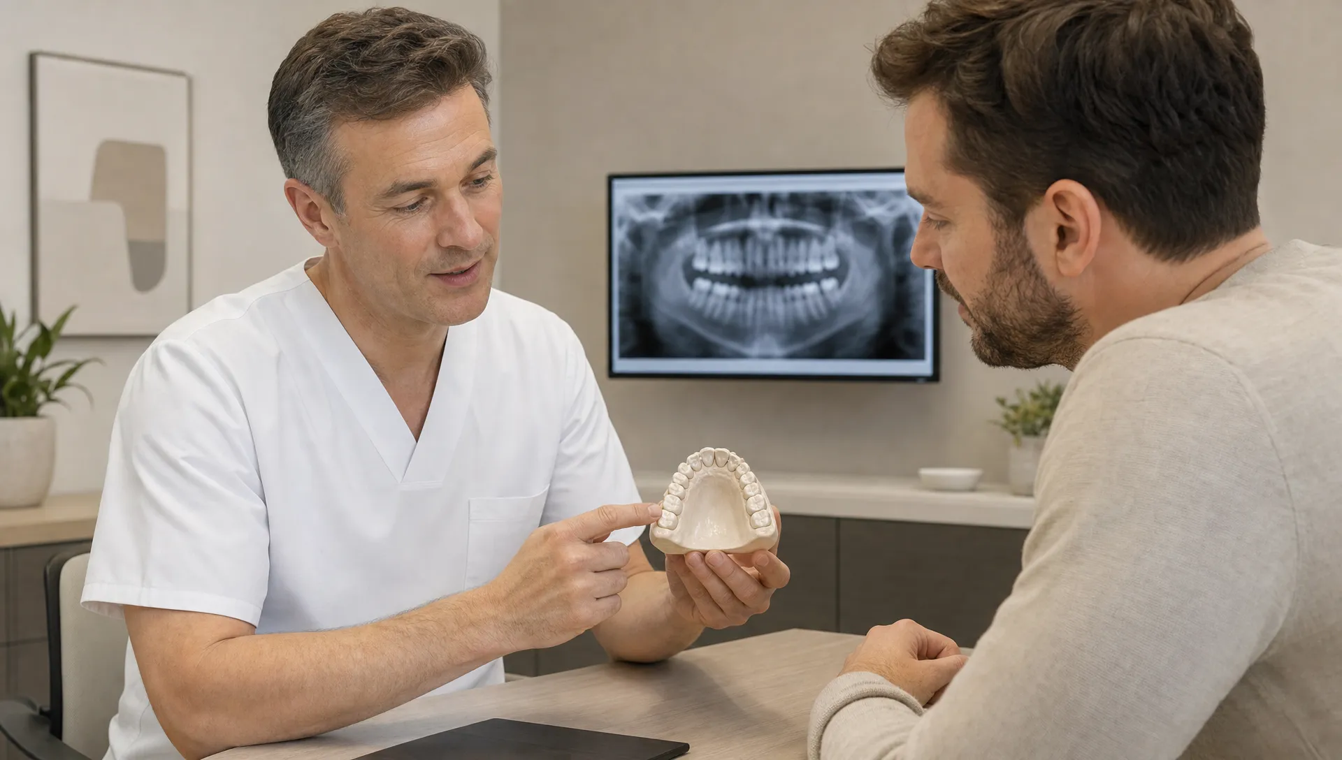 A dentist and adult patient review a dental arch while discussing care options and possible referral.