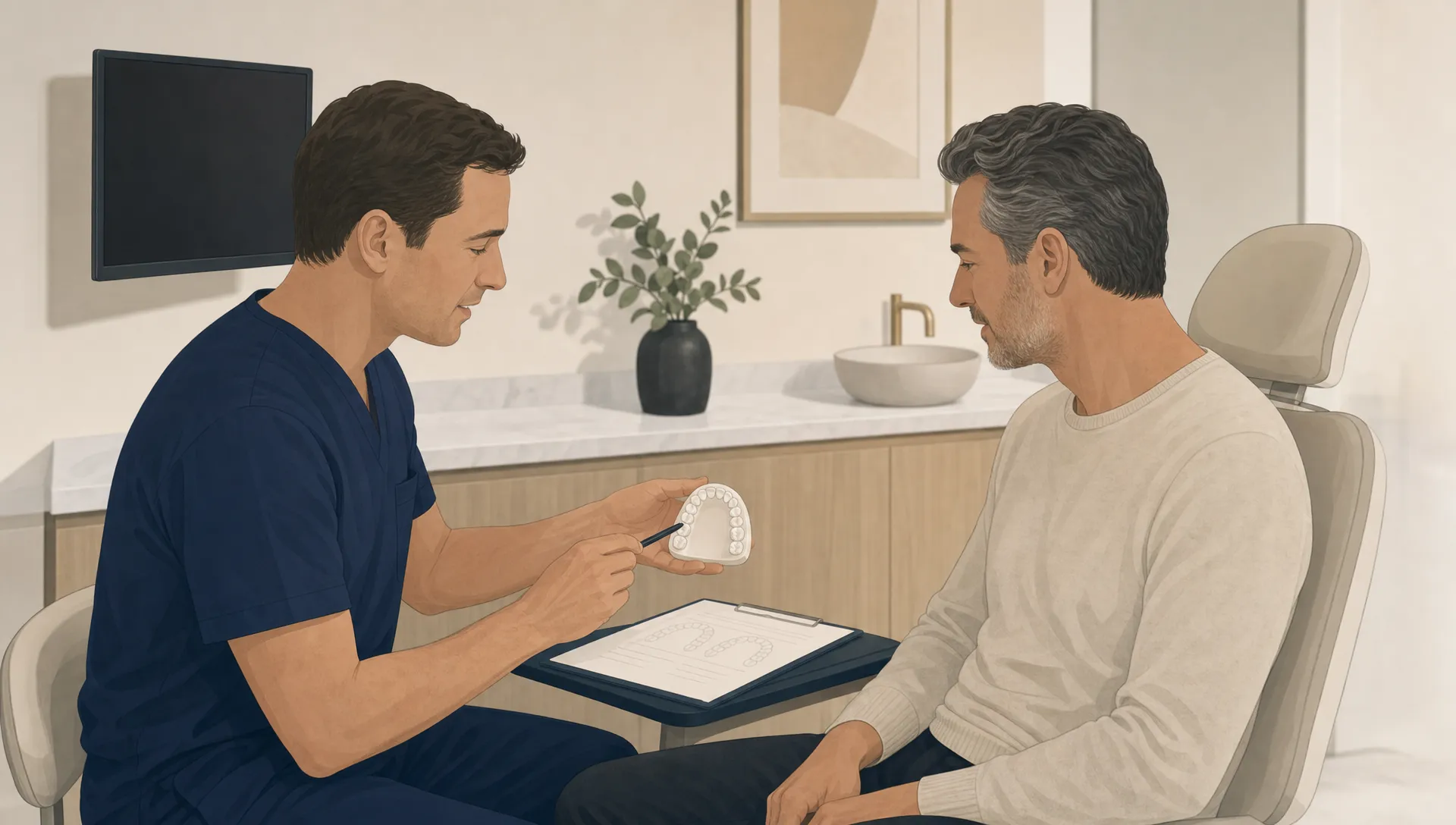 A dentist and adult patient review a simplified dental arch and treatment notes in a calm Toorak clinic.