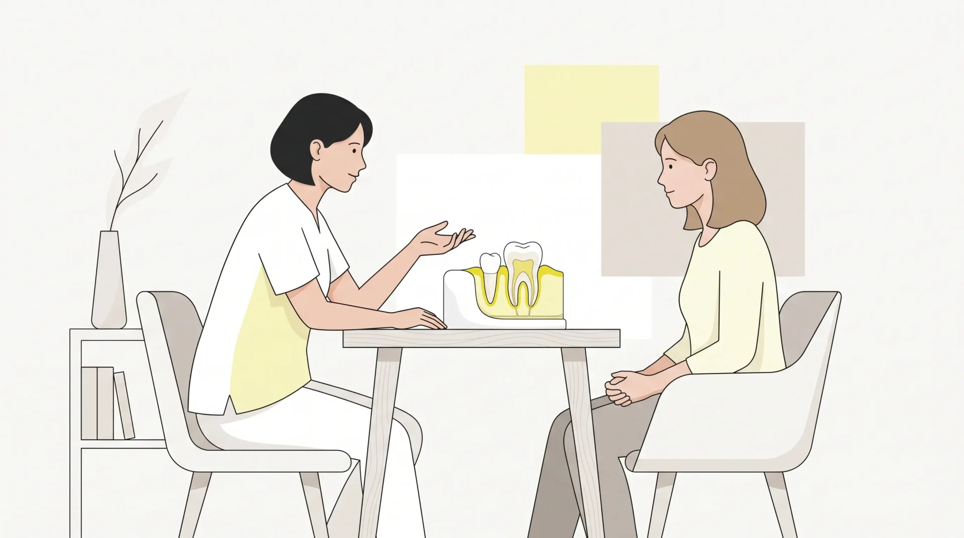 A dentist and adult patient sit in quiet consultation beside a simple tooth and gum form.