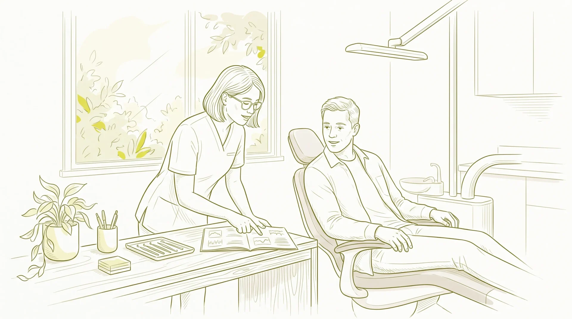 A dentist and adult patient talk in a welcoming surgery while reviewing a simple paper record before the first examination.