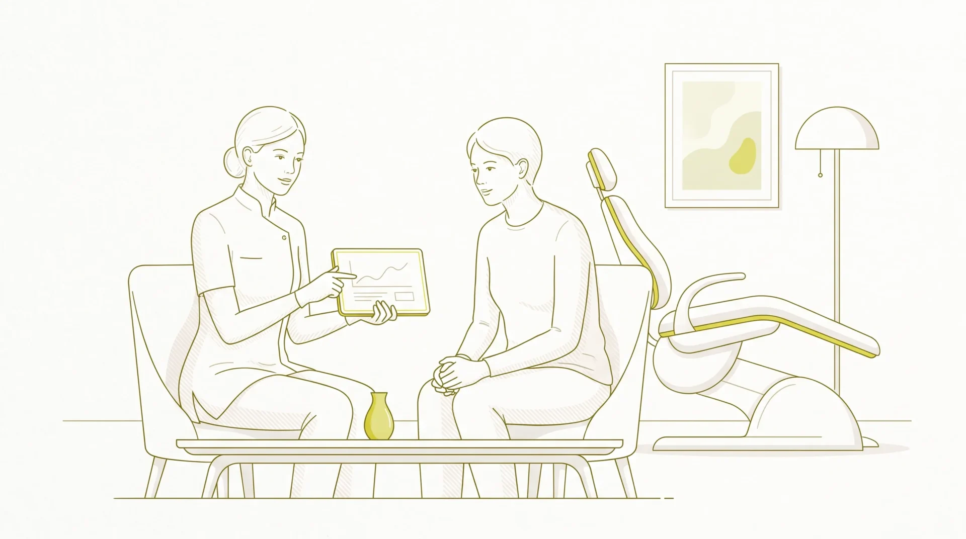A dentist and patient discuss a dental check-up estimate beside a chair in a calm consultation room.