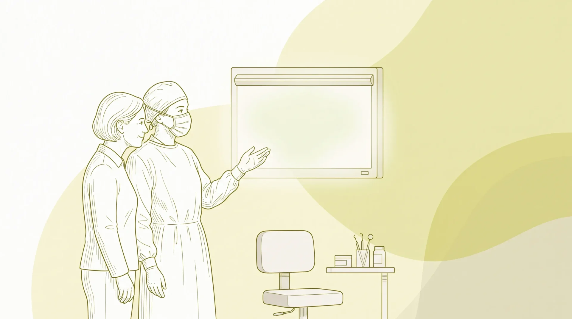 A dentist and patient reviewing a blank X-ray display in a calm consultation room.