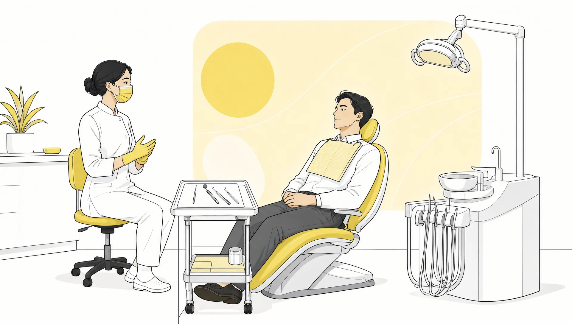 A dentist and patient sit in a calm surgery space with simple instruments between them, reflecting shared care planning.