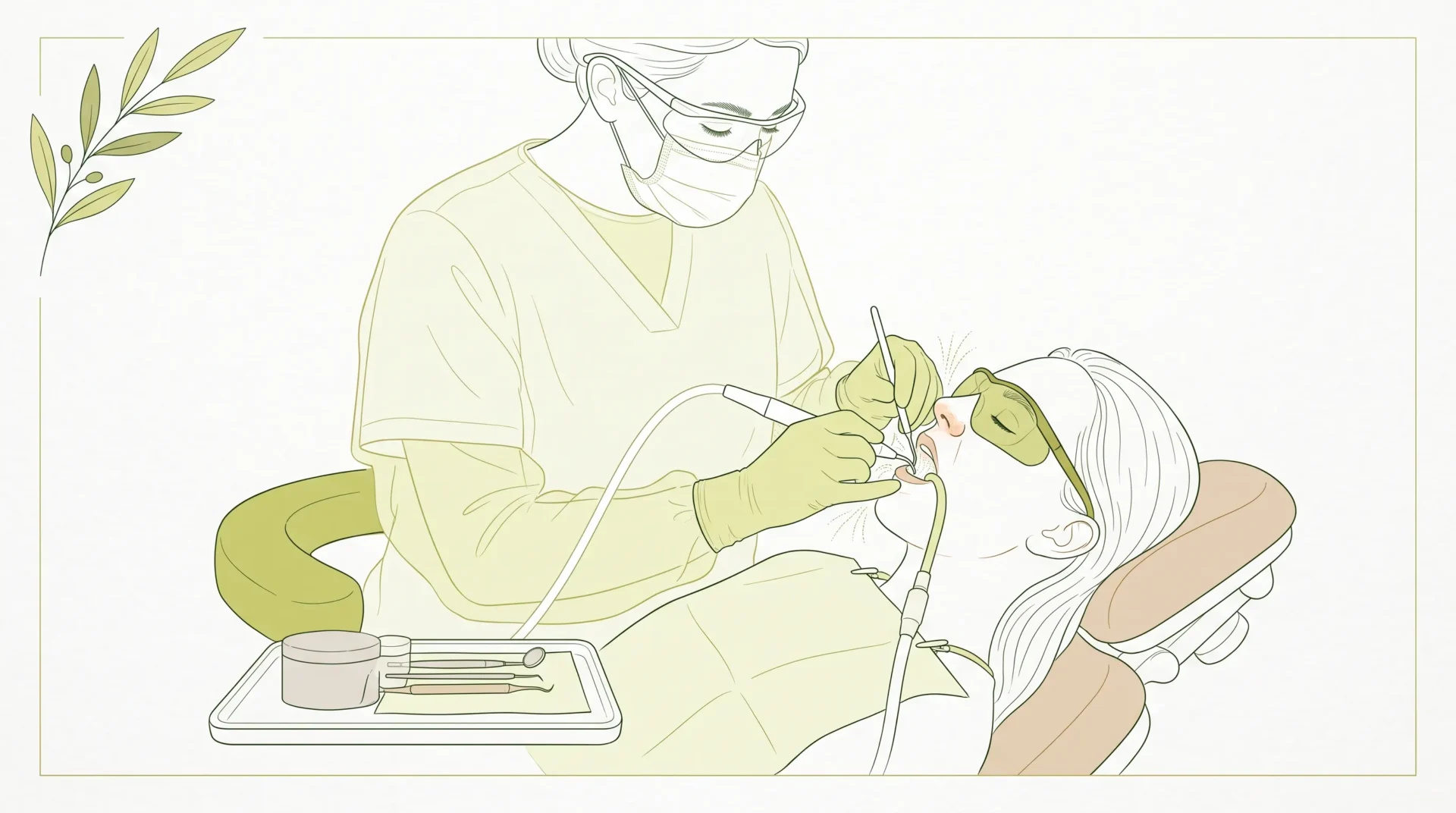 A dentist cleans an adult patient’s molars with a scaler and suction during a routine check up and clean visit.