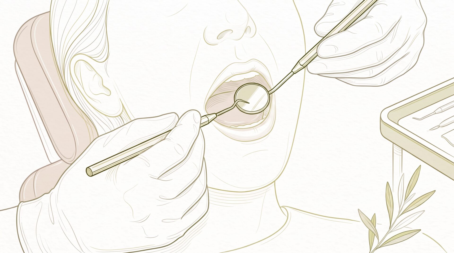A dentist examines a patient's open mouth with a dental mirror and probe, checking the teeth during a sensitivity assessment.
