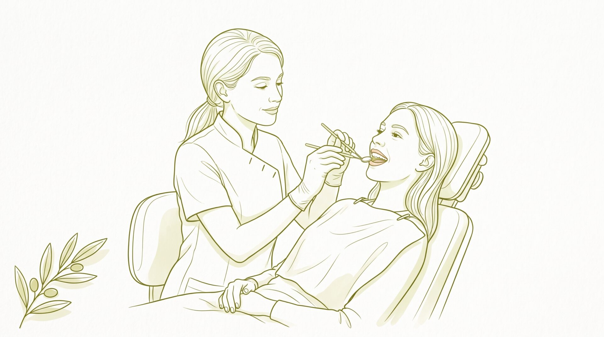 A dentist examines a relaxed patient reclining in a dental chair, using a mirror and probe to check her teeth during a routine dental visit.