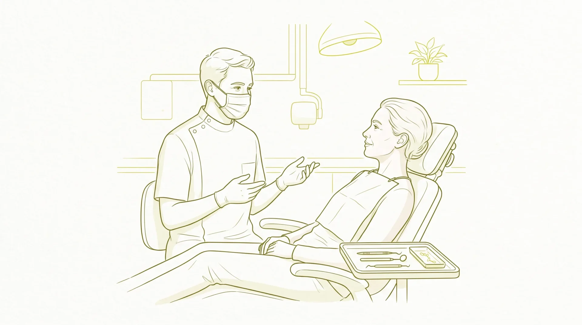 A dentist in clinical attire discusses dental health with an adult patient seated in a dental chair beside a small tray.