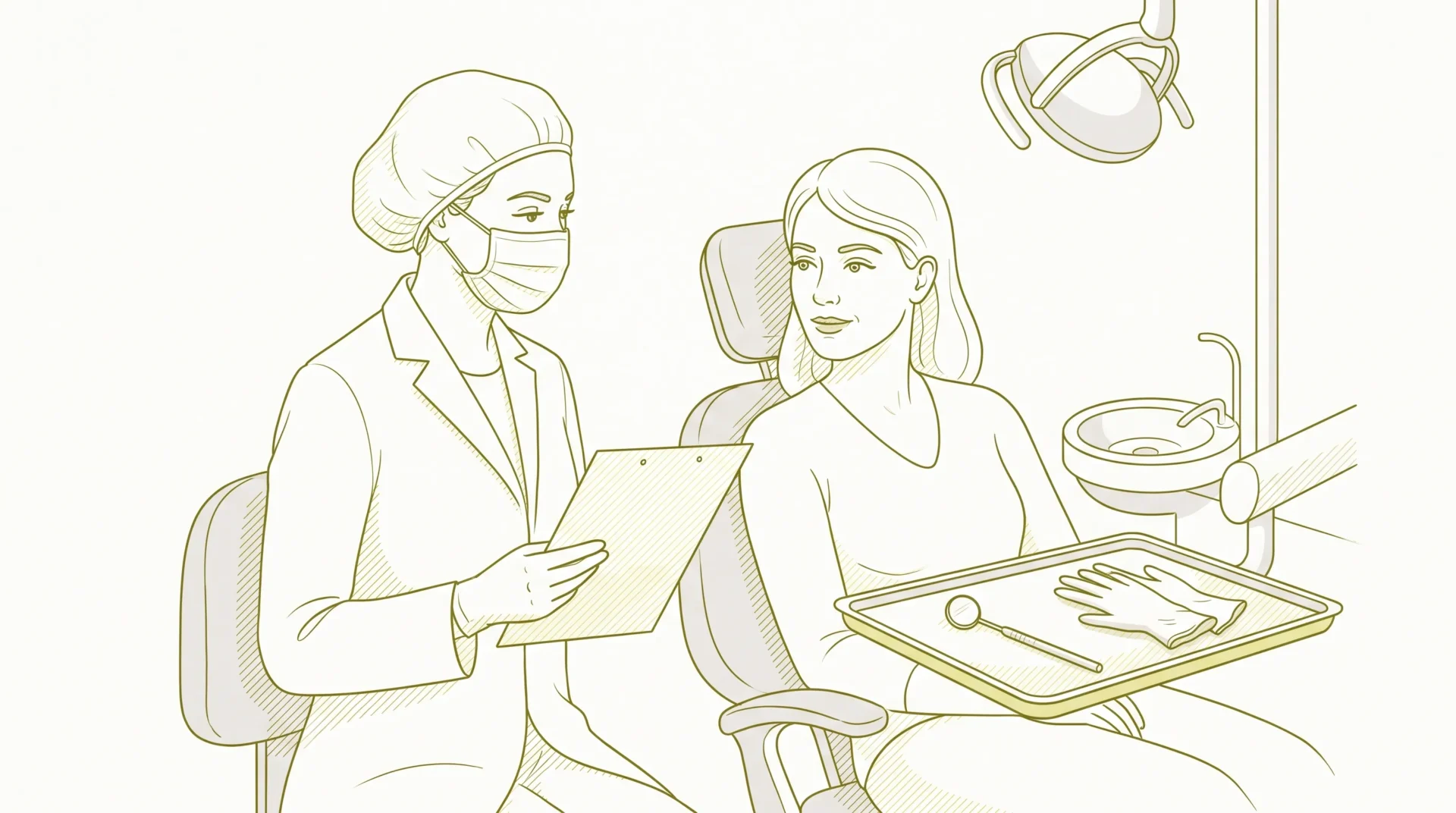 A dentist in clinical attire speaks with an adult patient beside a dental chair, with a small mirror and gloves on the nearby tray.