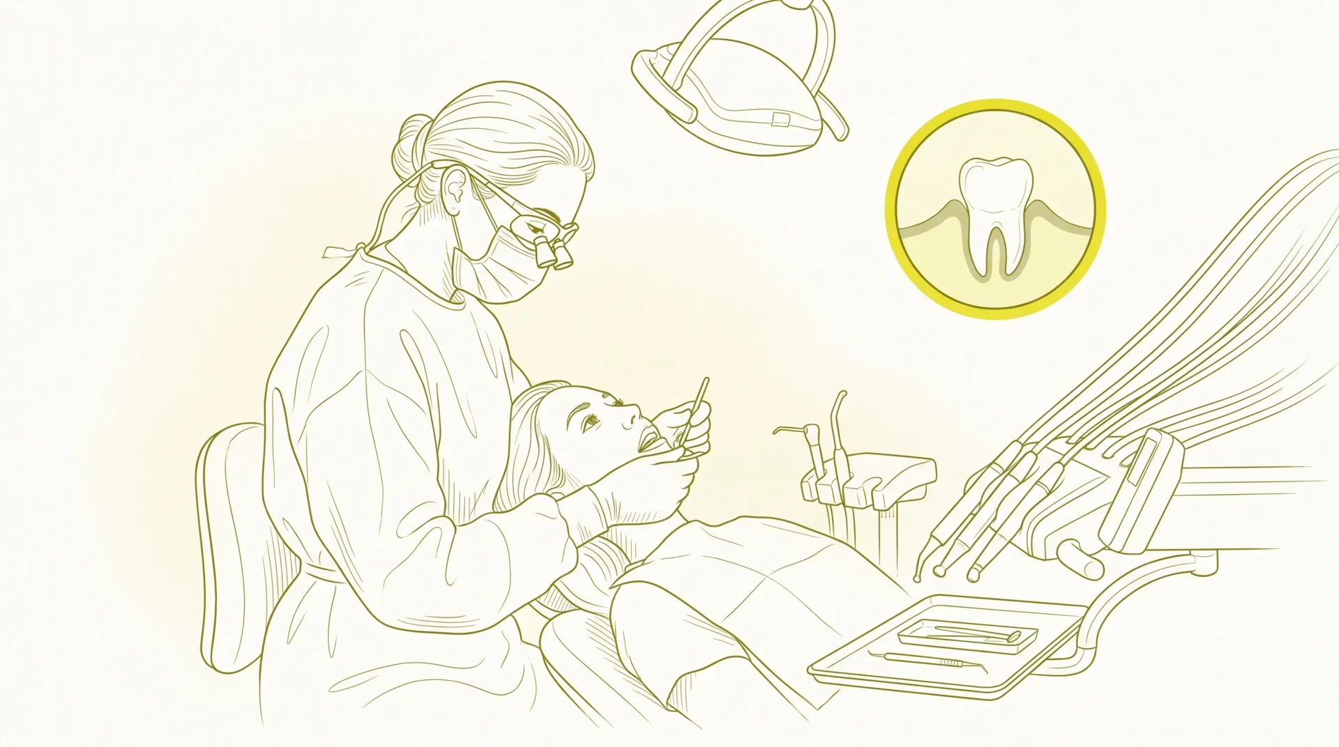 A dentist in clinical PPE gently examines a patient in a dental chair, with a close-up inset of a natural tooth and gum line.