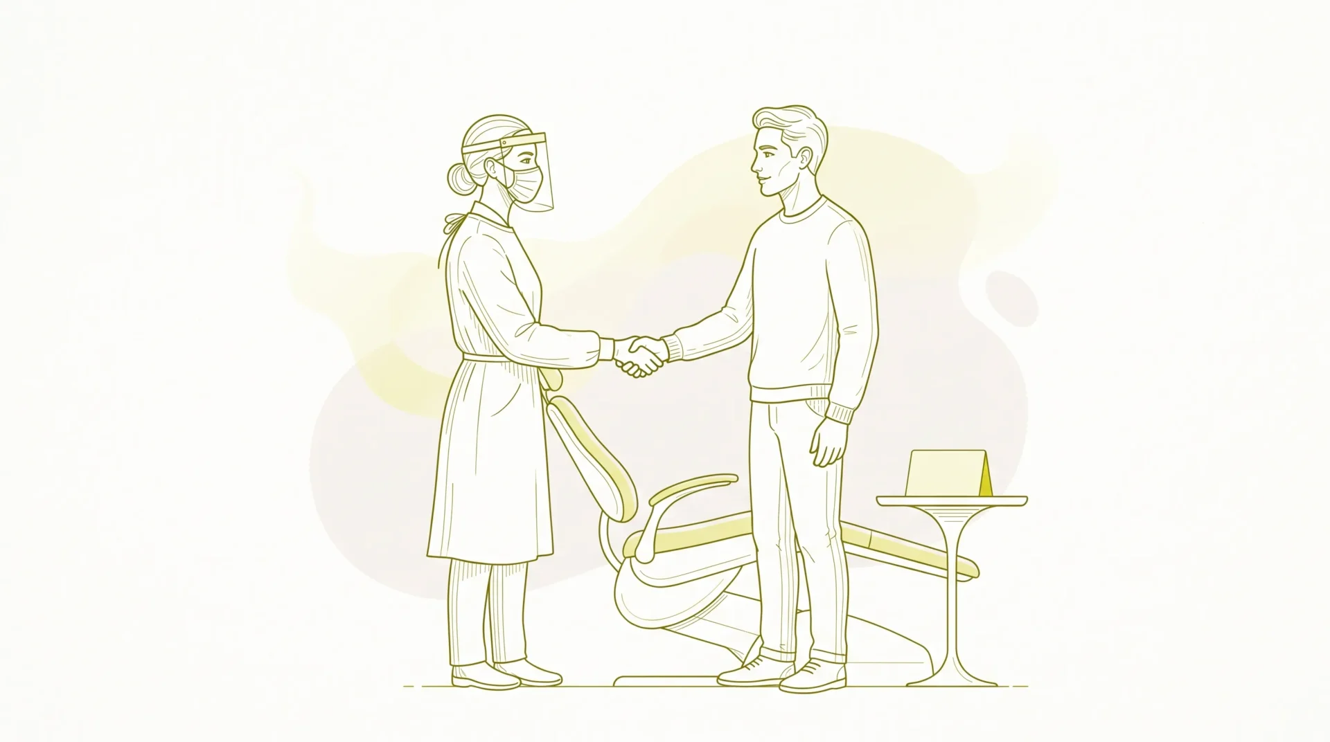 A dentist in PPE greets an adult patient beside a dental chair with a blank appointment card on the side table.