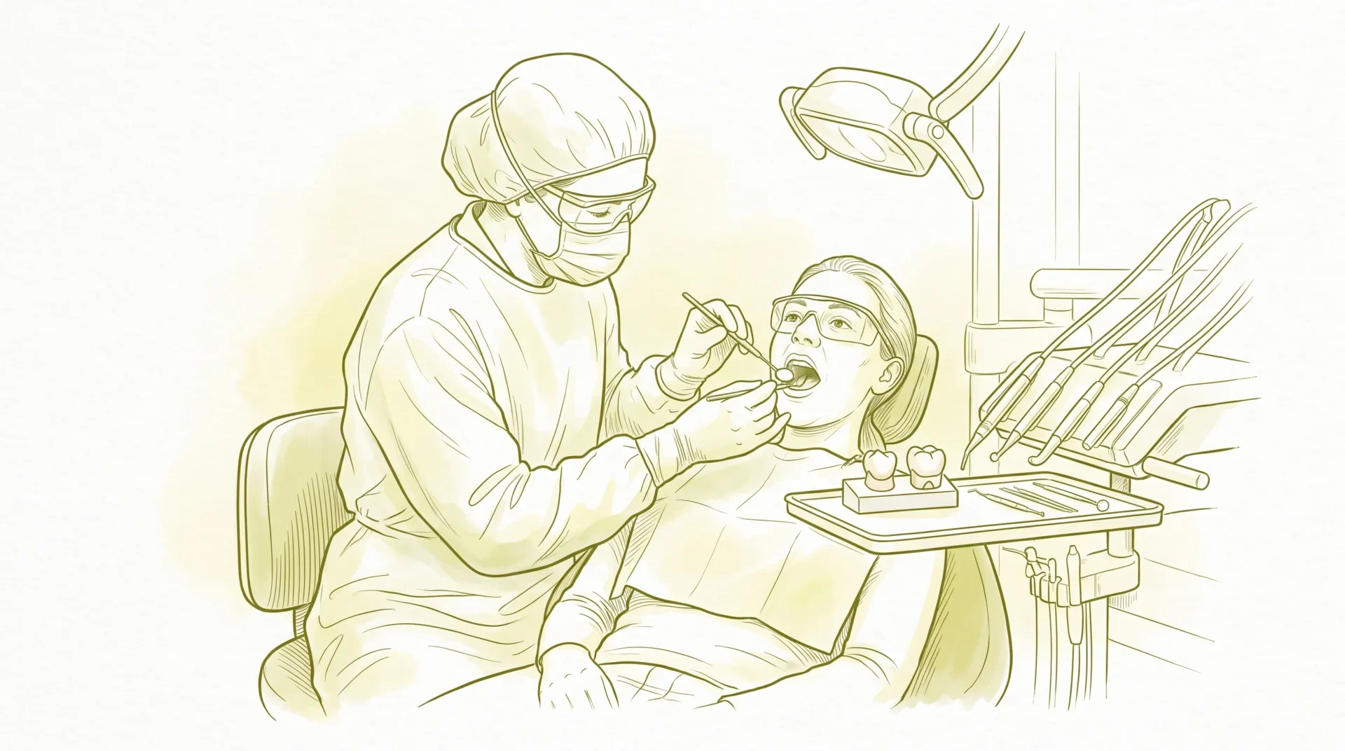 A dentist in proper PPE examines a damaged molar while discussing crown options with an adult patient.