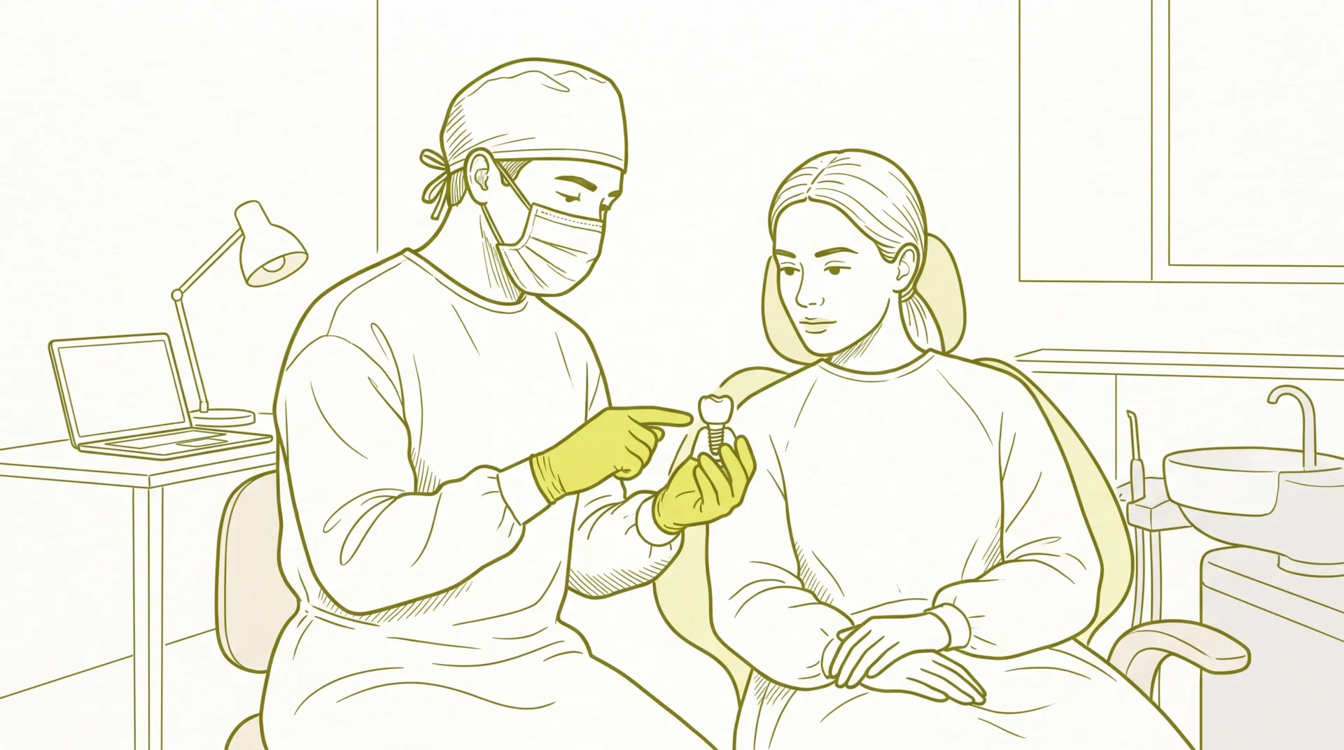 A dentist in proper PPE shows a patient a small crown and implant model during a calm consultation.