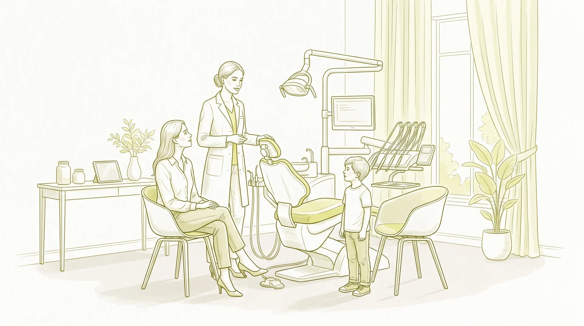 A dentist speaks with a parent and school-age child beside a dental chair during a family consultation.