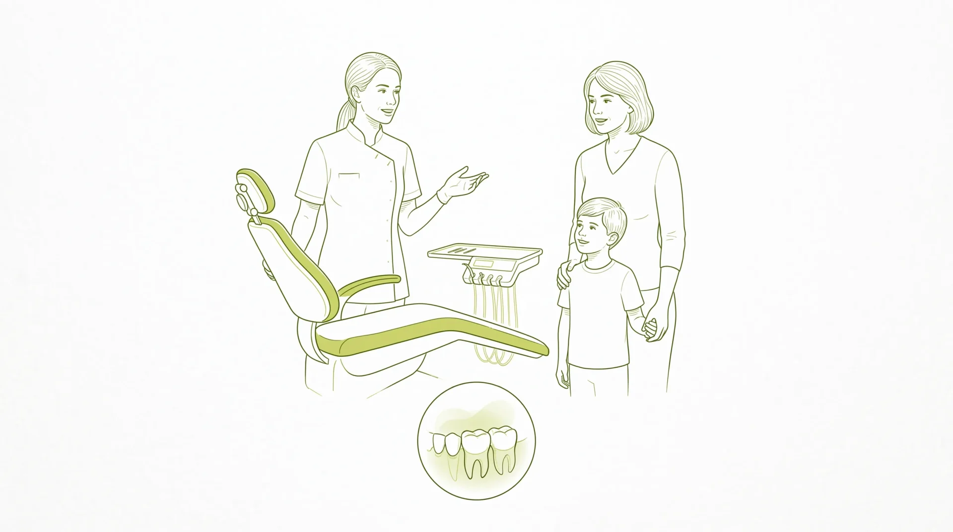 A dentist speaks with a parent and school-aged child beside a dental chair, with a small inset of healthy teeth.