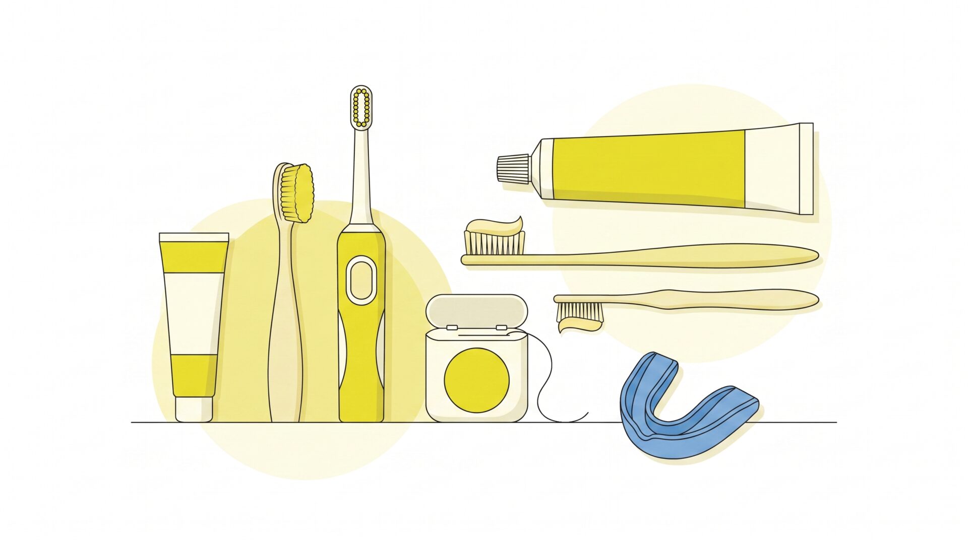 A family bathroom bench with toothbrushes of different sizes in a cup, children's toothpaste, adult toothpaste, floss and a sports mouthguard laid out neatly beside the sink.