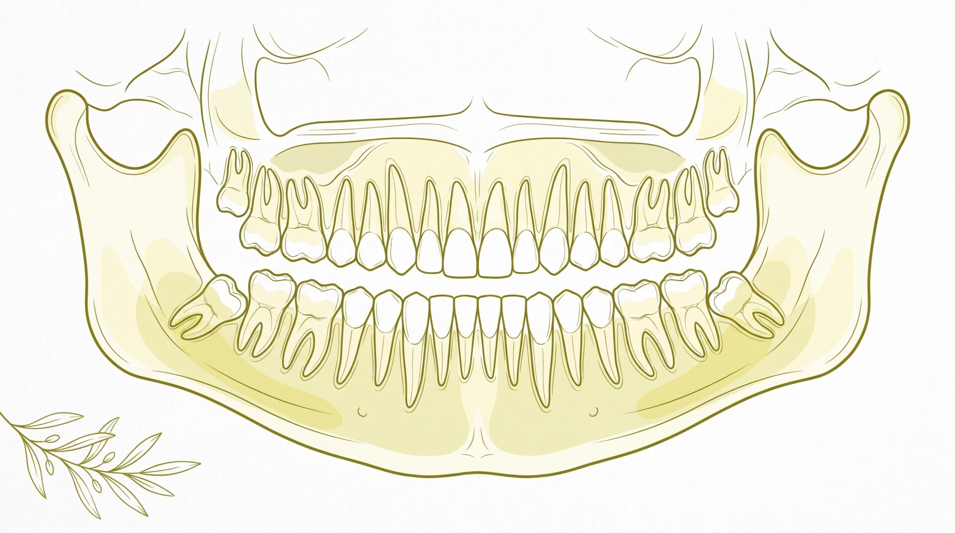 A full mouth dental x-ray shows impacted wisdom teeth at the back of the lower jaw, with the upper and lower teeth and jaw structure visible.