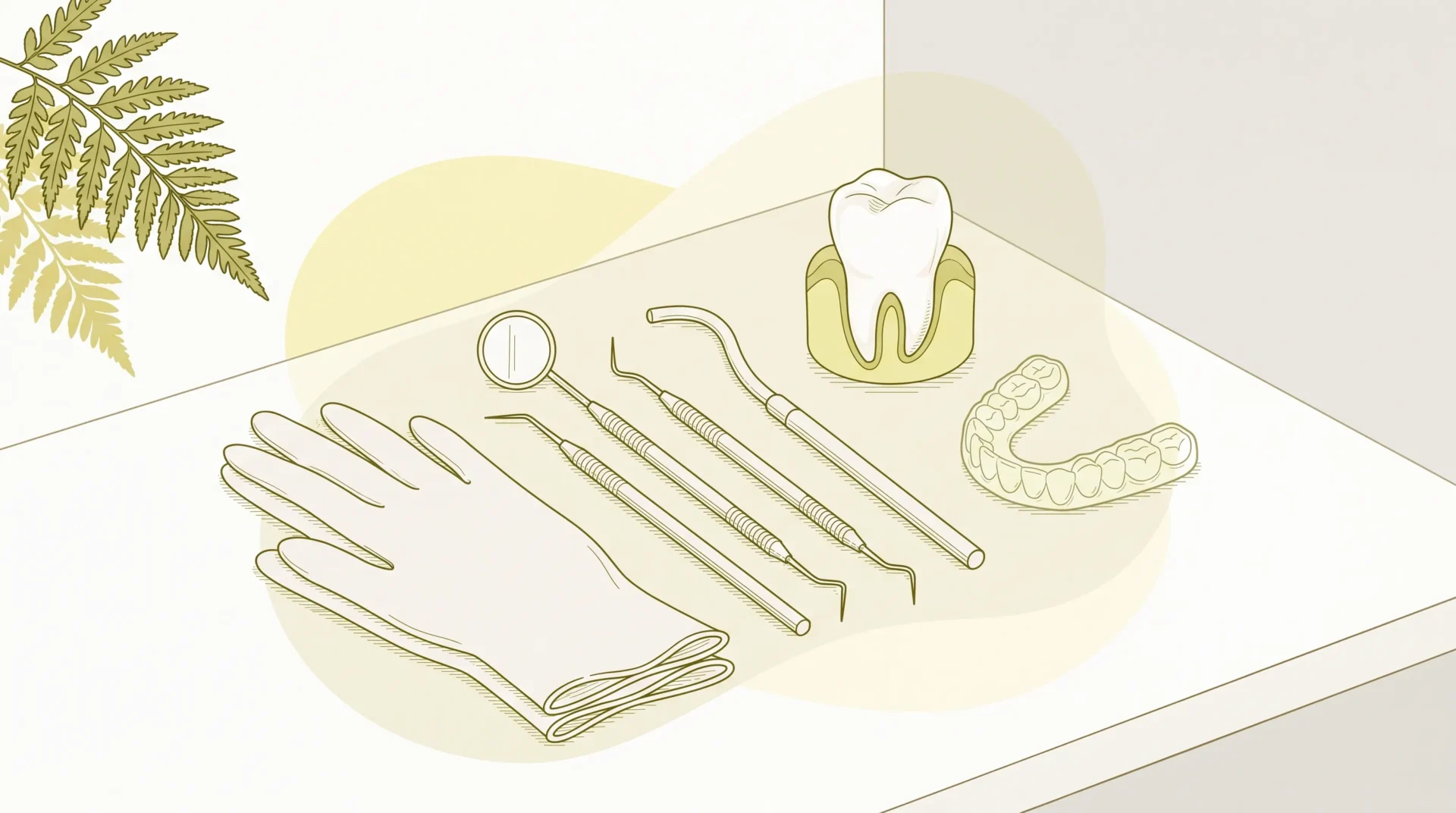 A neat dental counter shows a mirror, probe, gloves, a tooth model and a clear aligner beside one another.
