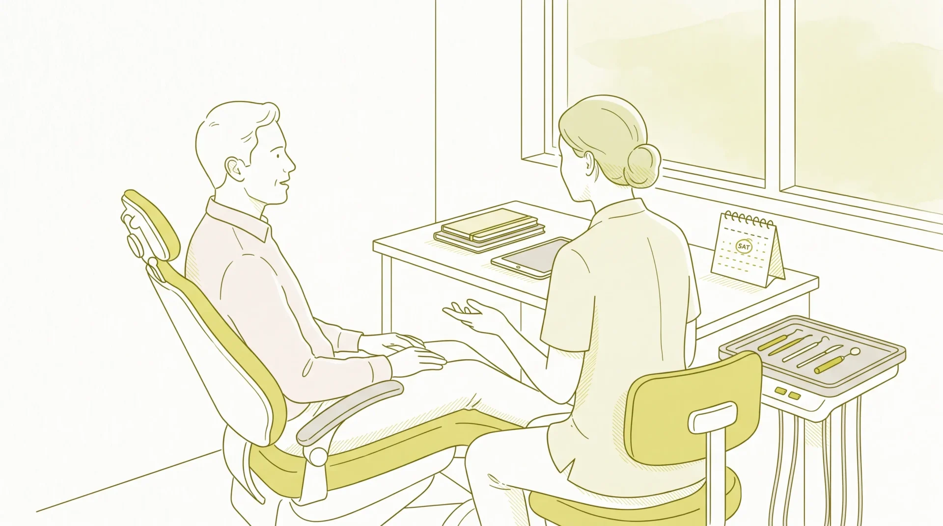 A patient and dental professional discuss a Saturday appointment in a calm consultation room with a chair, desk and simple side tray.