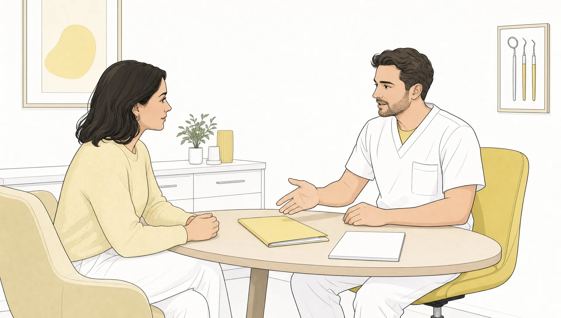 A patient and dentist discuss treatment costs at a calm consultation table with simple folders and dental forms.