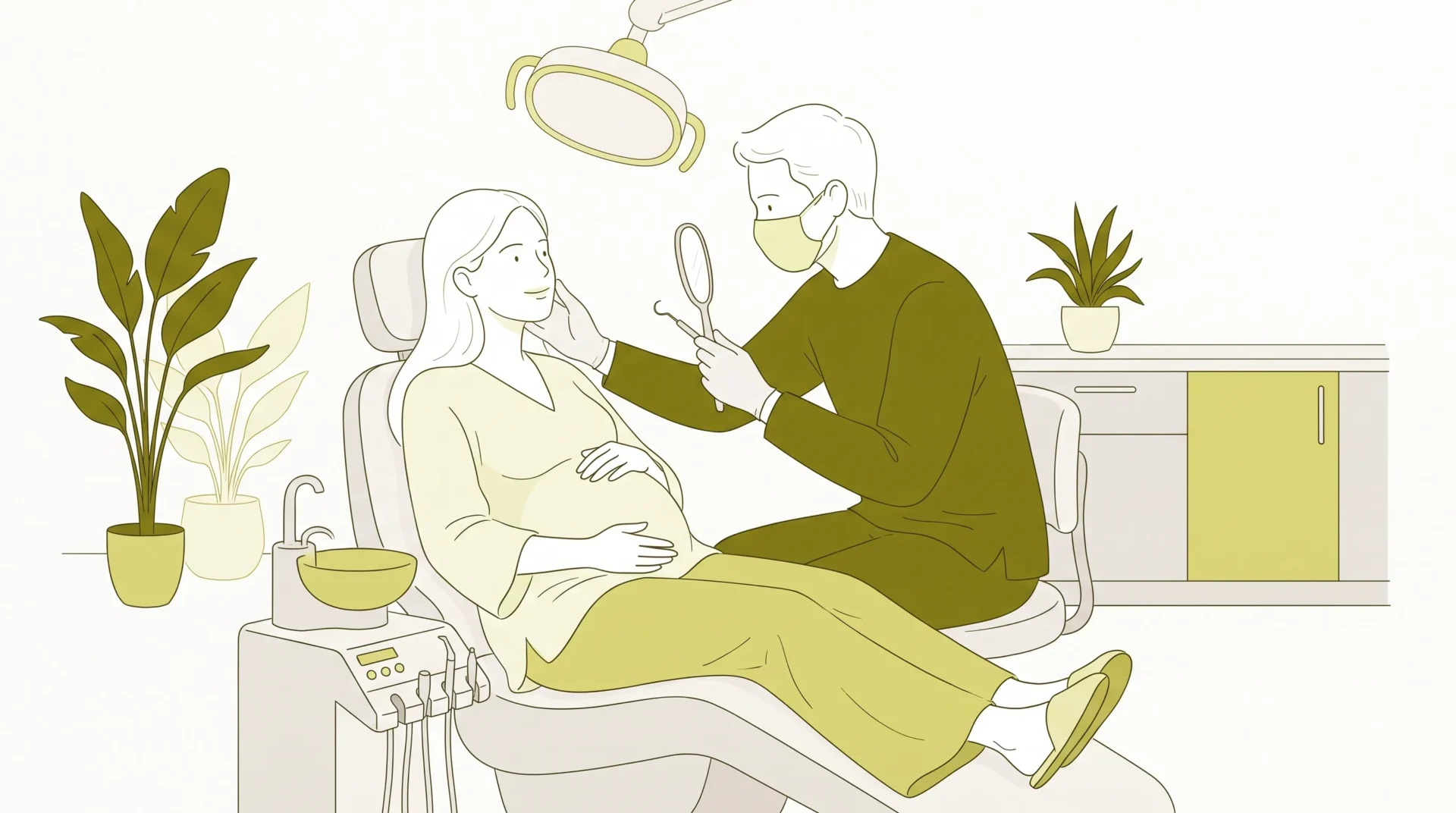 A pregnant patient sits comfortably for a dental check-up while a dentist holds a small mirror.