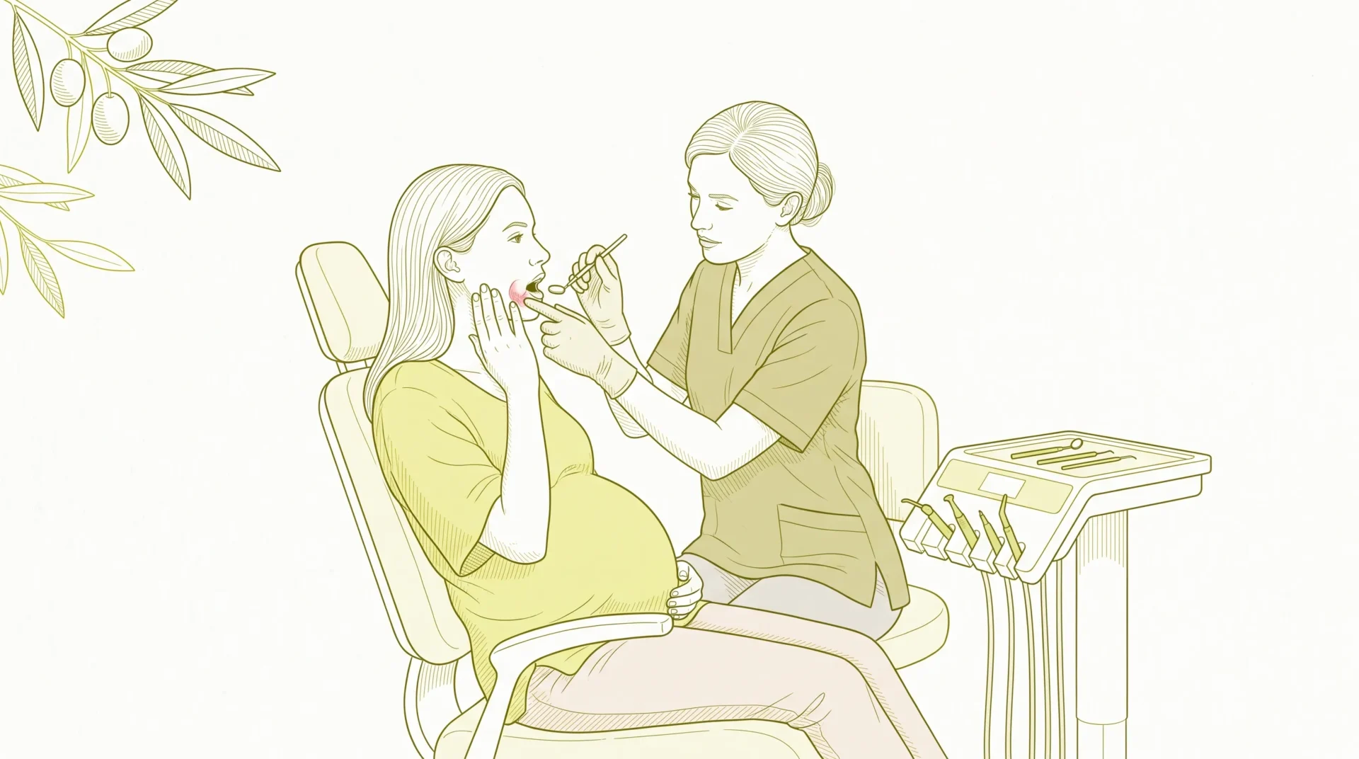 A pregnant patient with tooth pain is examined by a dentist in a calm clinic room.