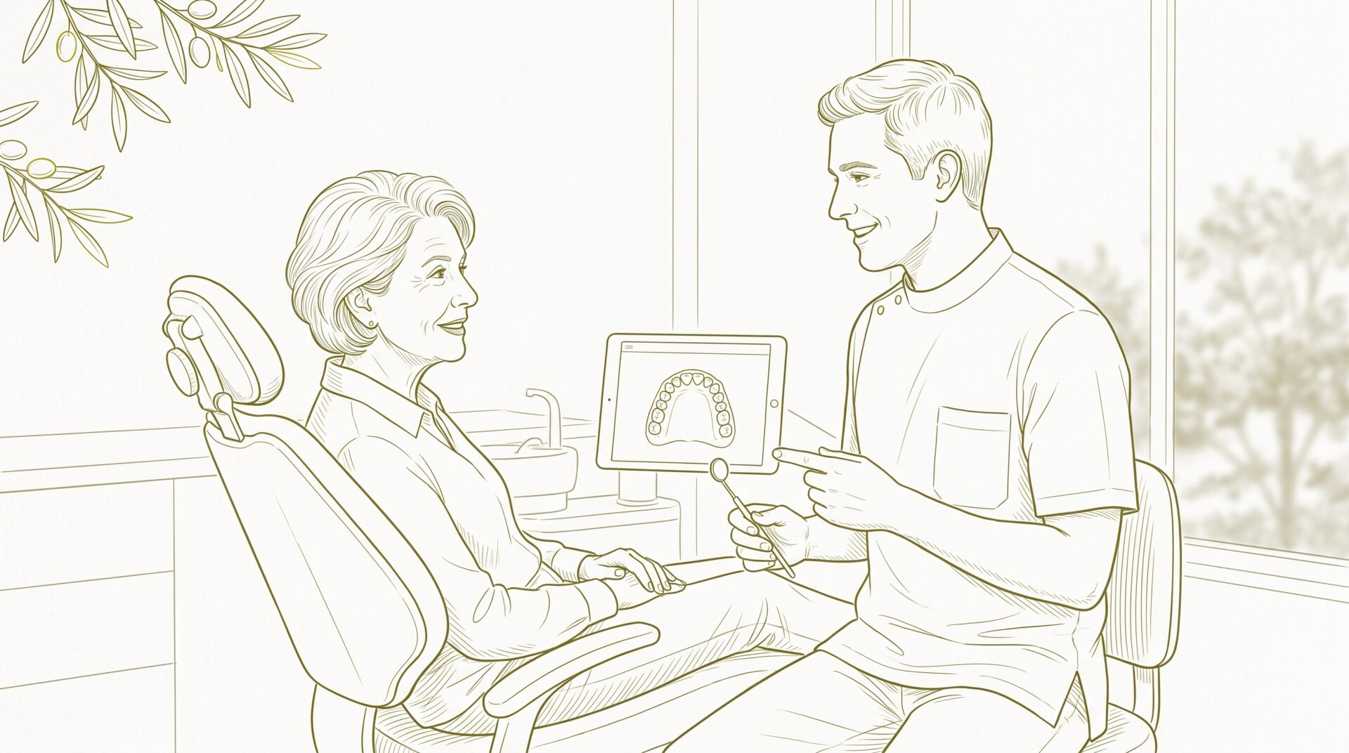A senior woman in a dental chair talks with her dentist, who shows her a tooth chart on a tablet during a routine oral care visit.