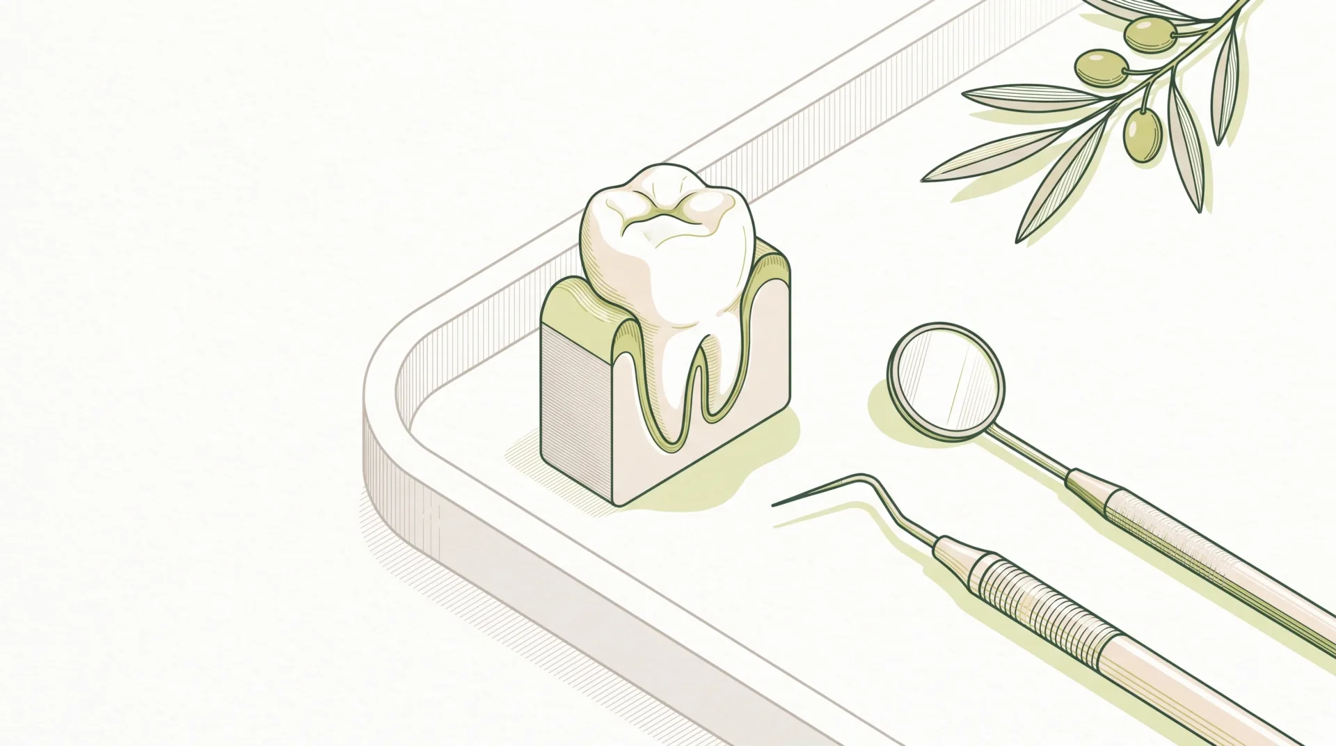 A single molar and surrounding gumline sit beside a dental mirror and probe, showing a routine check-up detail.