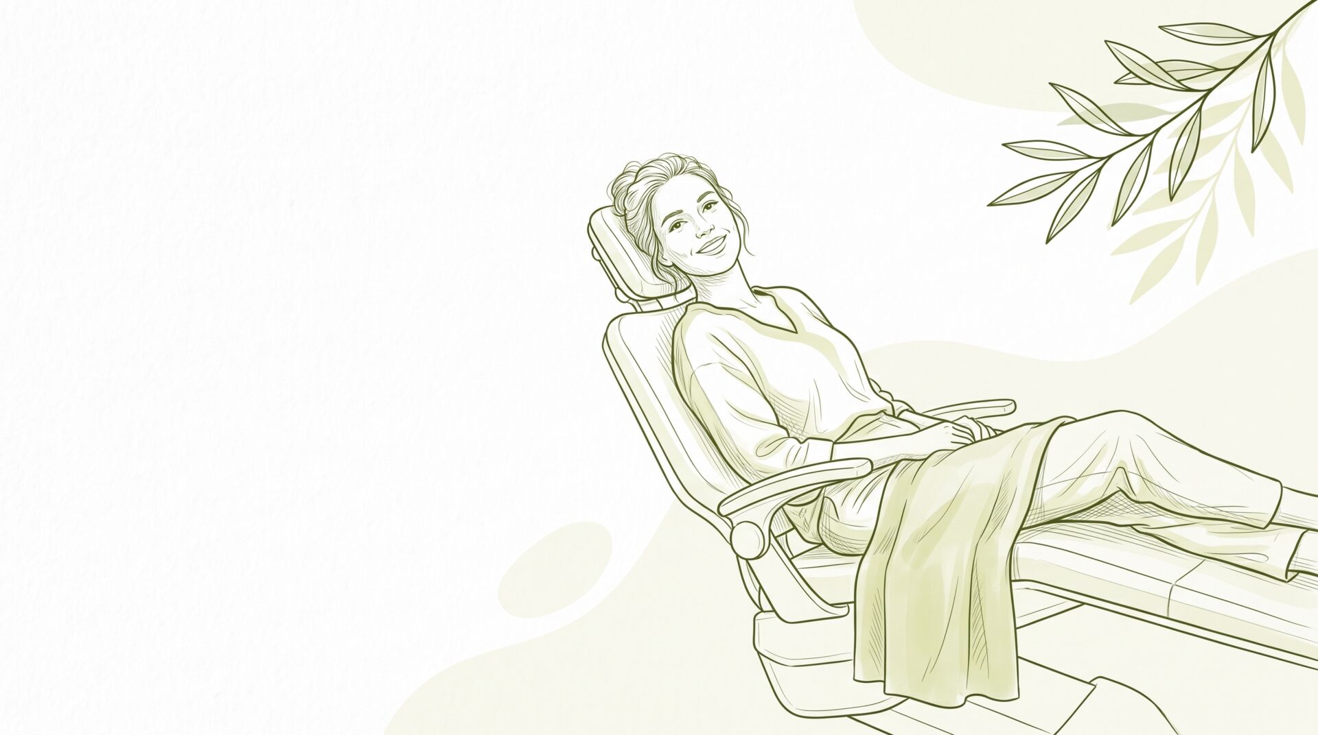 A smiling woman reclines in a dental chair during a routine check-up and clean, with an olive branch decorating the clinic scene.