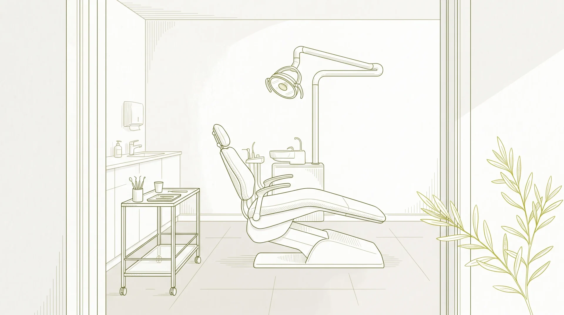 A tidy dental surgery set up for a teeth cleaning, with a treatment chair, examination light and instrument trolley.
