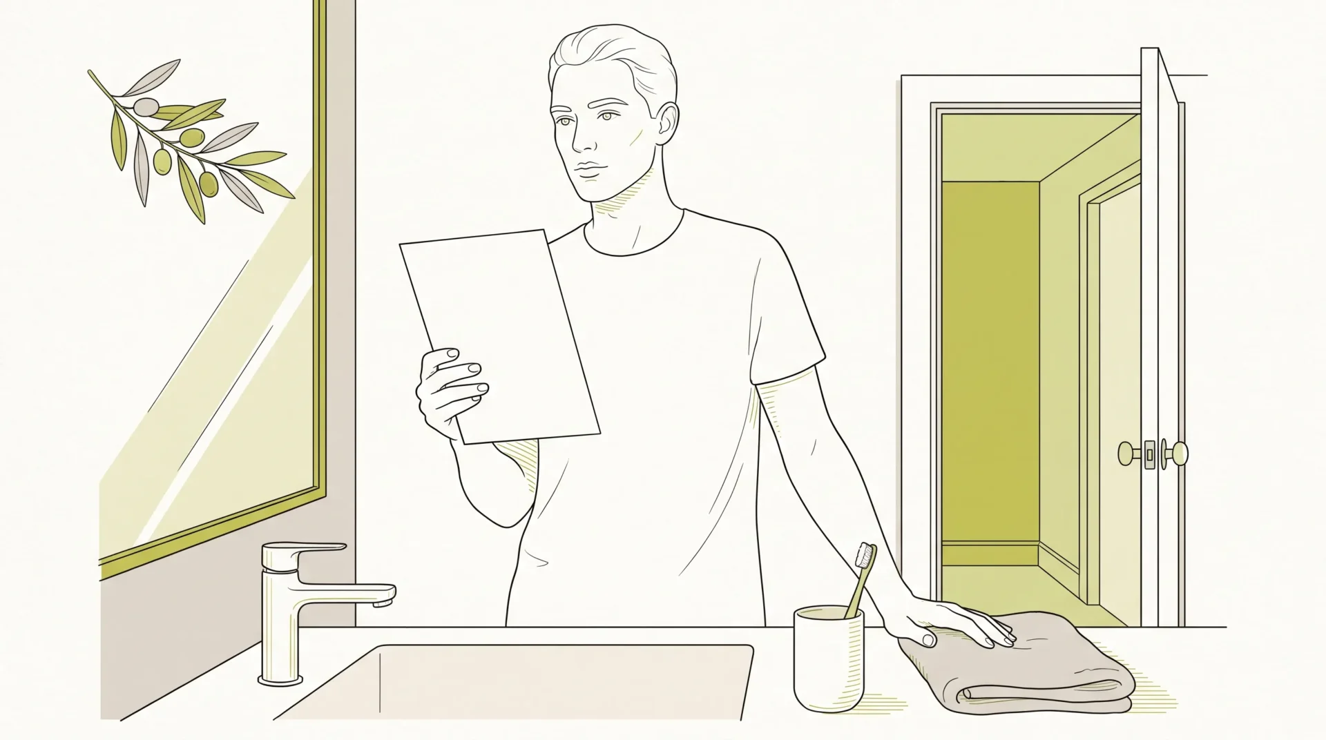 An adult at a bathroom basin reviews a dental appointment estimate beside a toothbrush cup and towel.