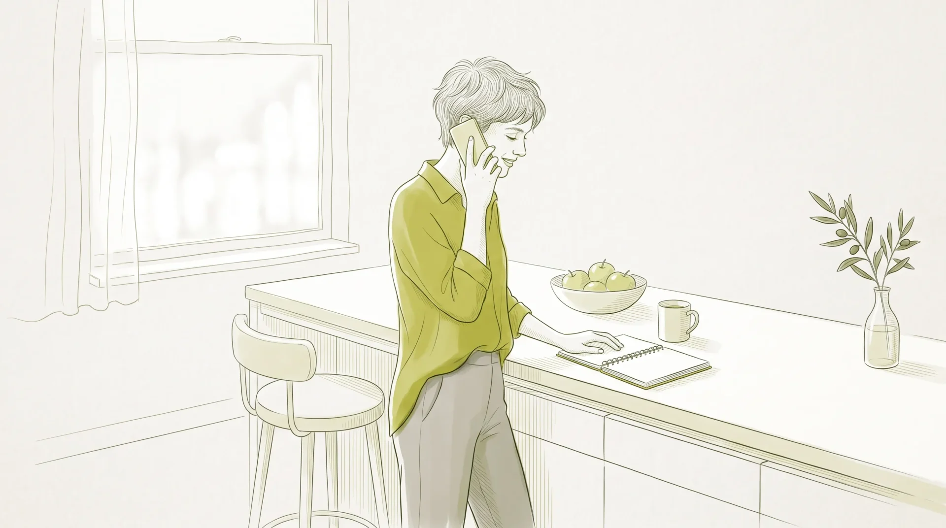 An adult at a kitchen bench uses a phone and diary to arrange a Saturday dental appointment.